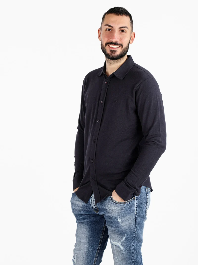 Polo camicia in cotone da uomo - blu scuro