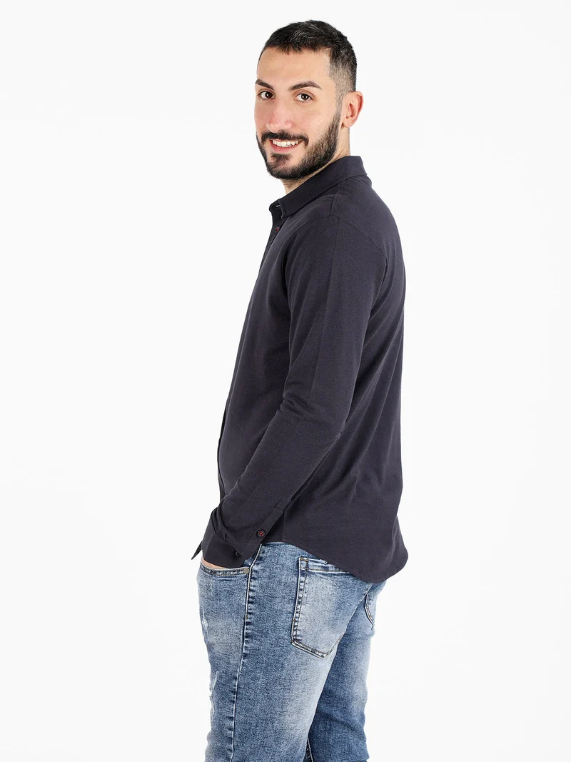 Polo camicia in cotone da uomo - blu scuro