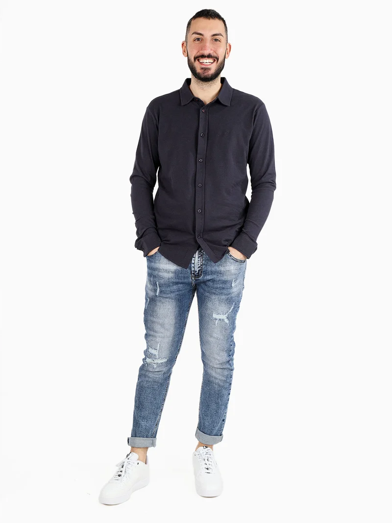 Polo camicia in cotone da uomo - blu scuro
