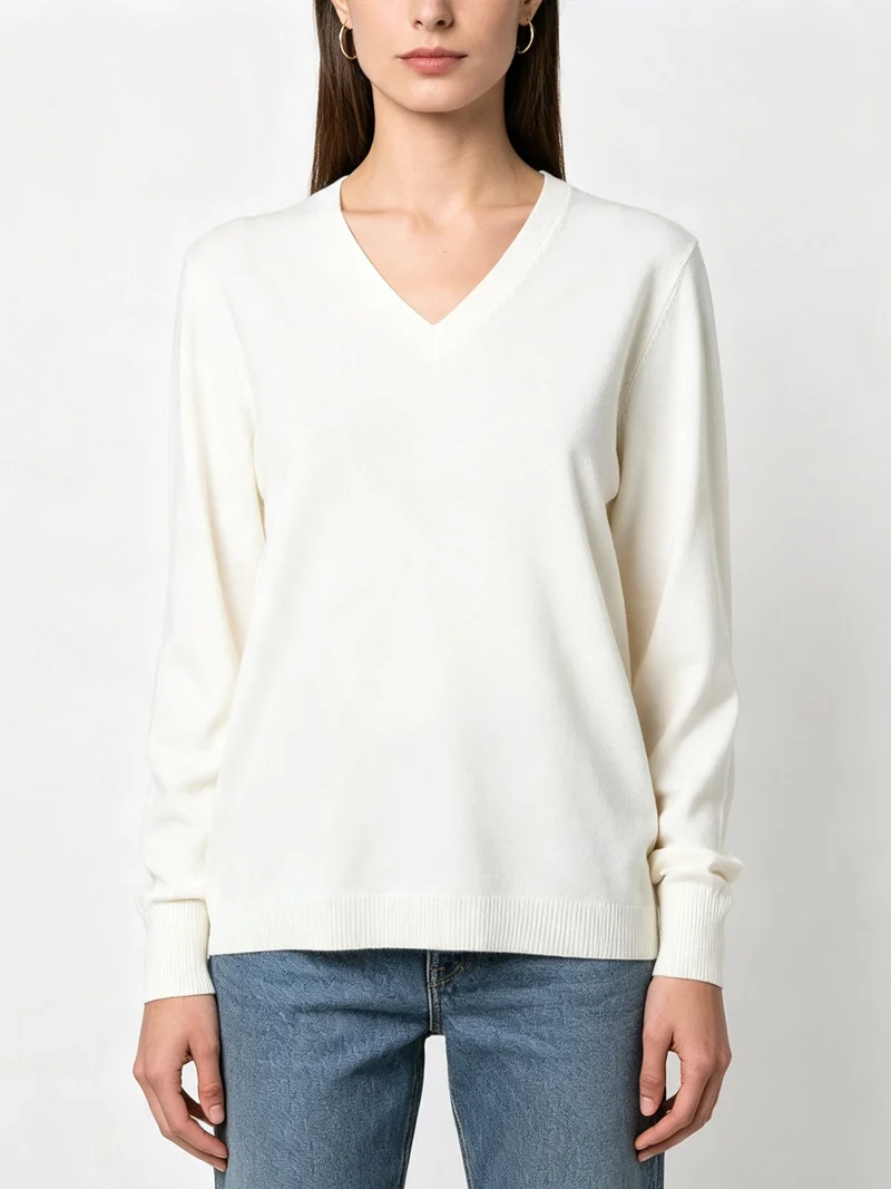 Pullover donna in maglia con scollo a V - panna