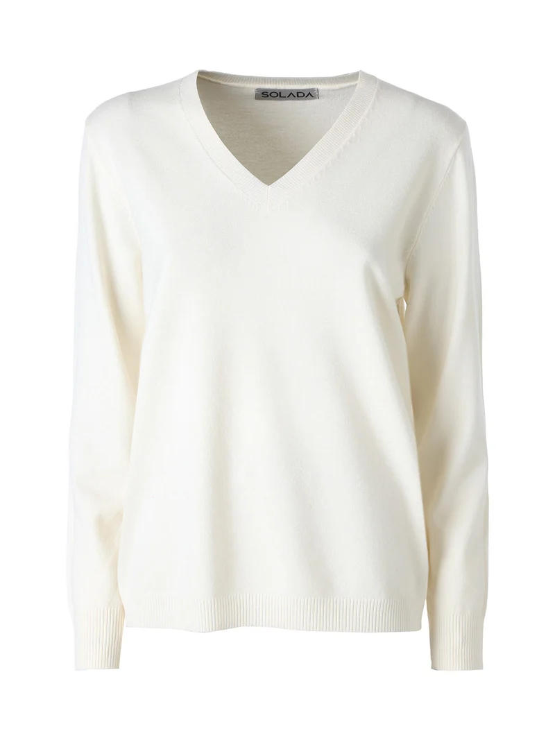 Pullover donna in maglia con scollo a V - panna