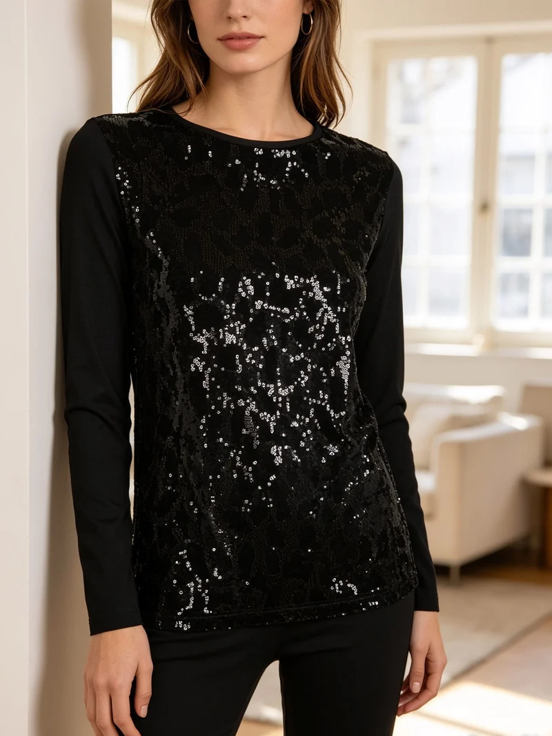 Maglia donna a maniche lunghe con dettagli in velluto e paillettes - nero