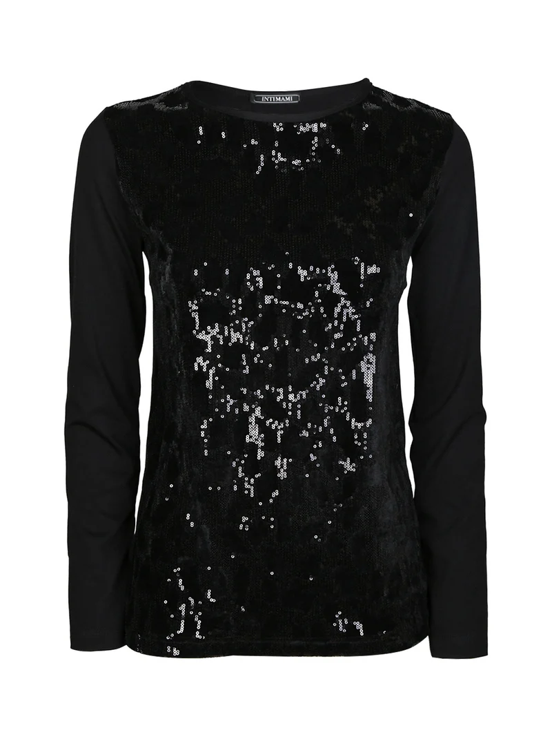 Maglia donna a maniche lunghe con dettagli in velluto e paillettes - nero