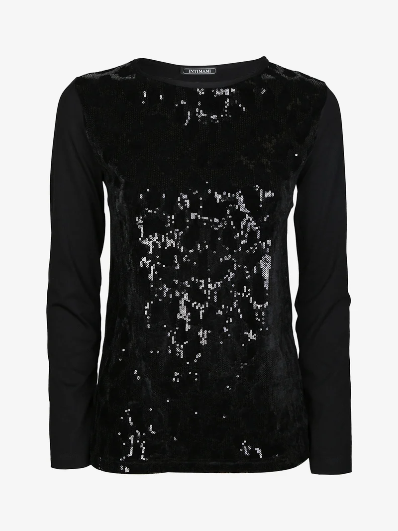 Maglia donna a maniche lunghe con dettagli in velluto e paillettes - nero