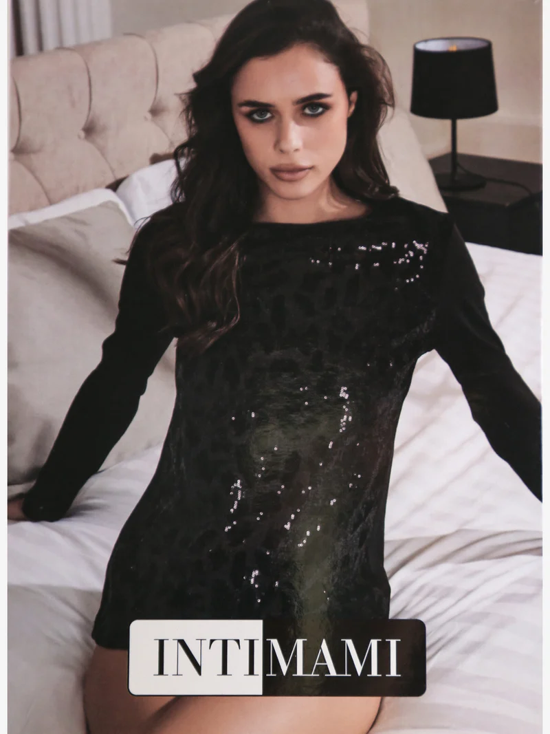 Maglia donna a maniche lunghe con dettagli in velluto e paillettes - nero