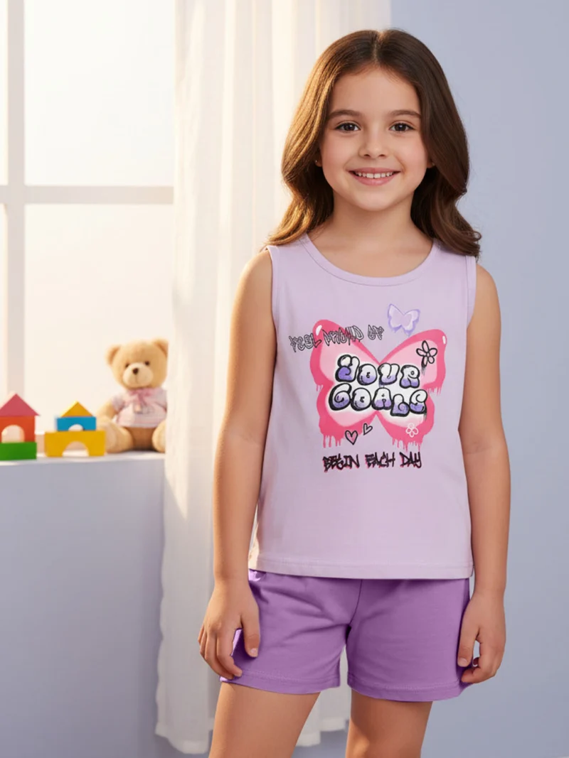 Completo corto da bambina con canotta e shorts in cotone - lilla