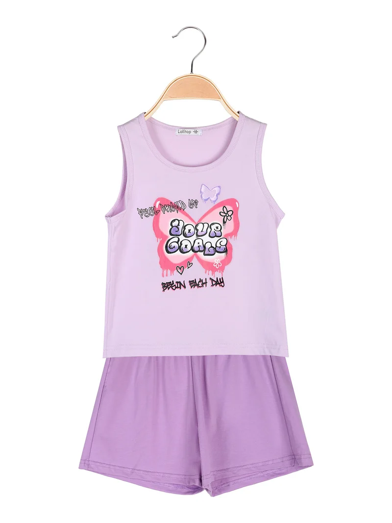 Completo corto da bambina con canotta e shorts in cotone - lilla