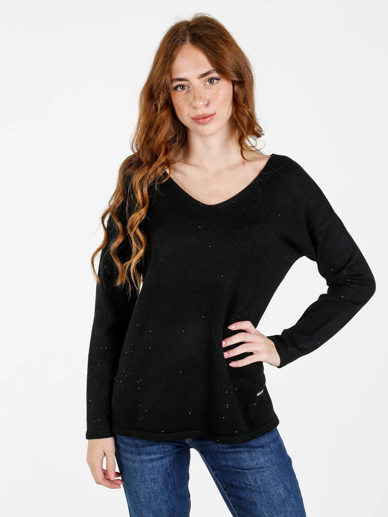 Pullover donna in maglia con scollo a V - nero