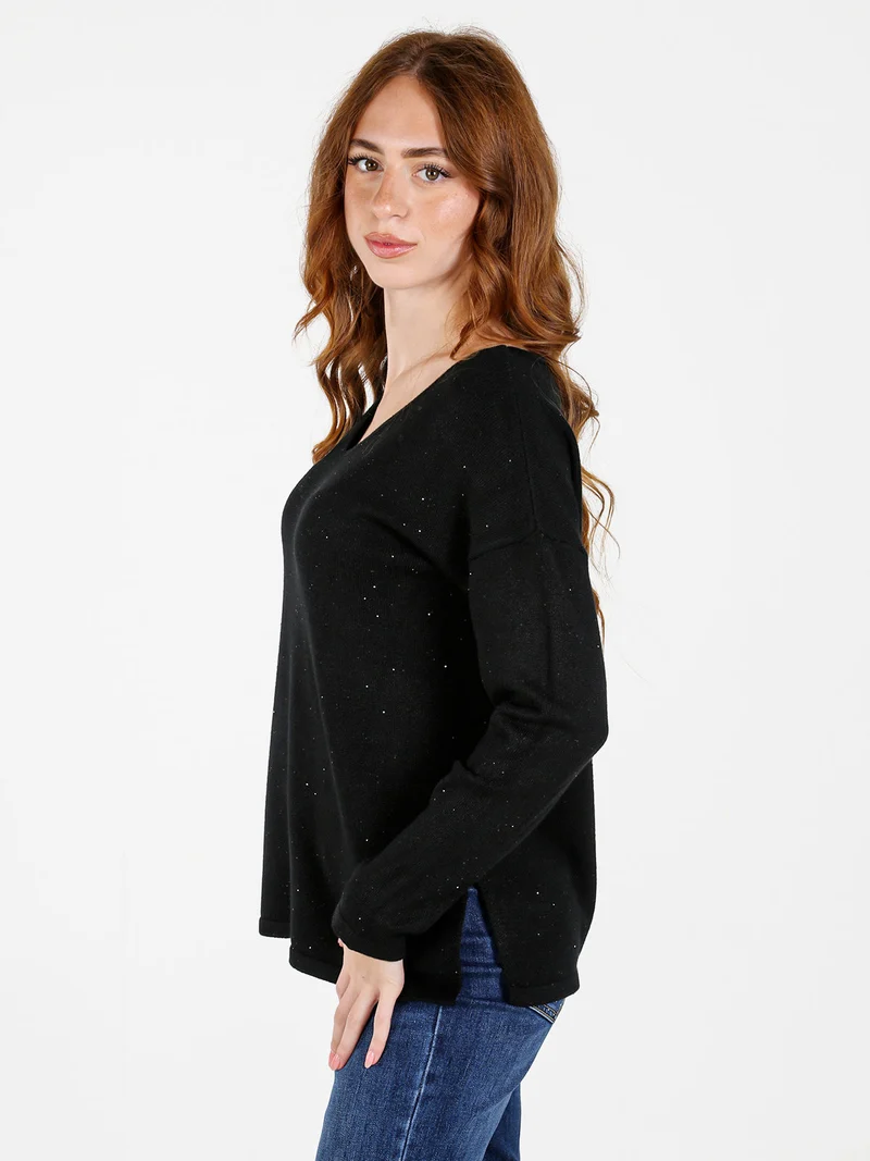 Pullover donna in maglia con scollo a V - nero