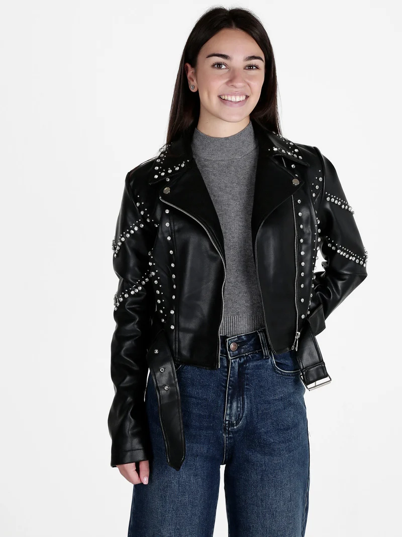 Giacca biker in ecopelle da donna con strass - nero