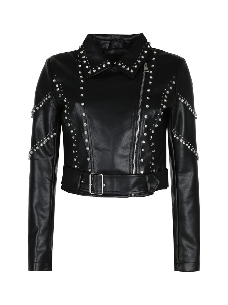 Giacca biker in ecopelle da donna con strass - nero