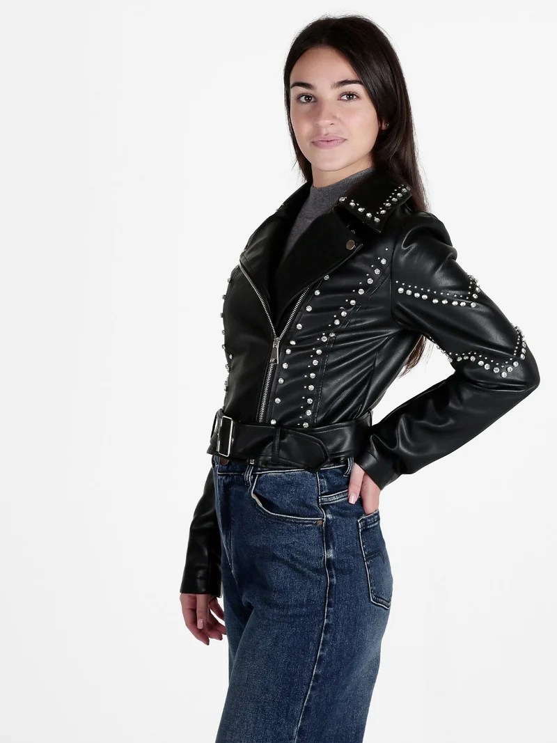 Giacca biker in ecopelle da donna con strass - nero