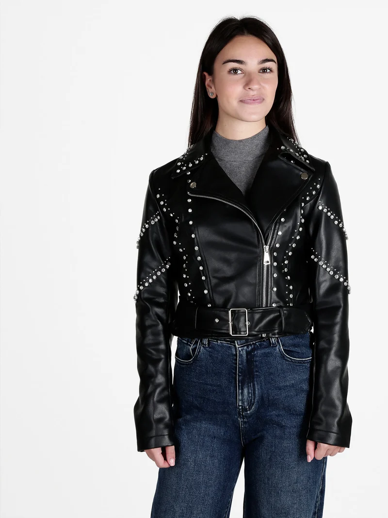 Giacca biker in ecopelle da donna con strass - nero