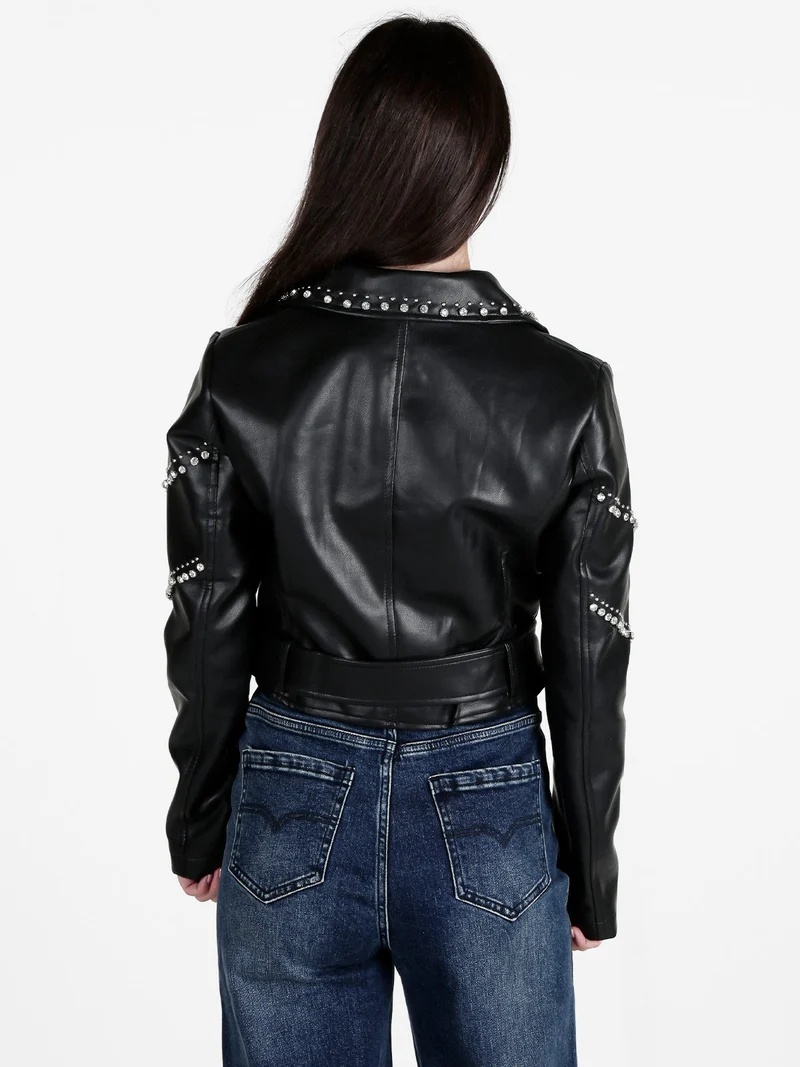 Giacca biker in ecopelle da donna con strass - nero