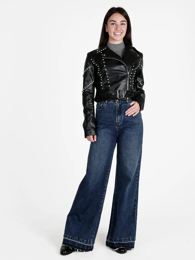 Giacca biker in ecopelle da donna con strass - nero