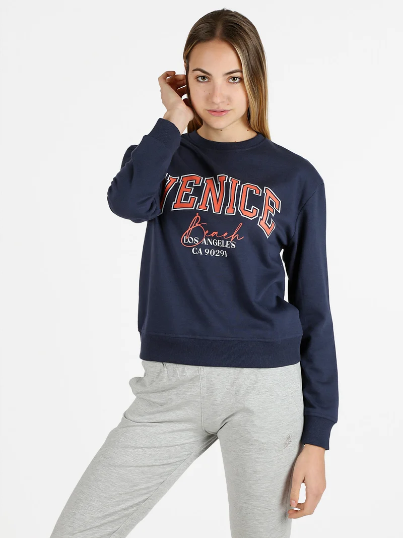 Felpa donna sportiva girocollo con scritta - blu scuro