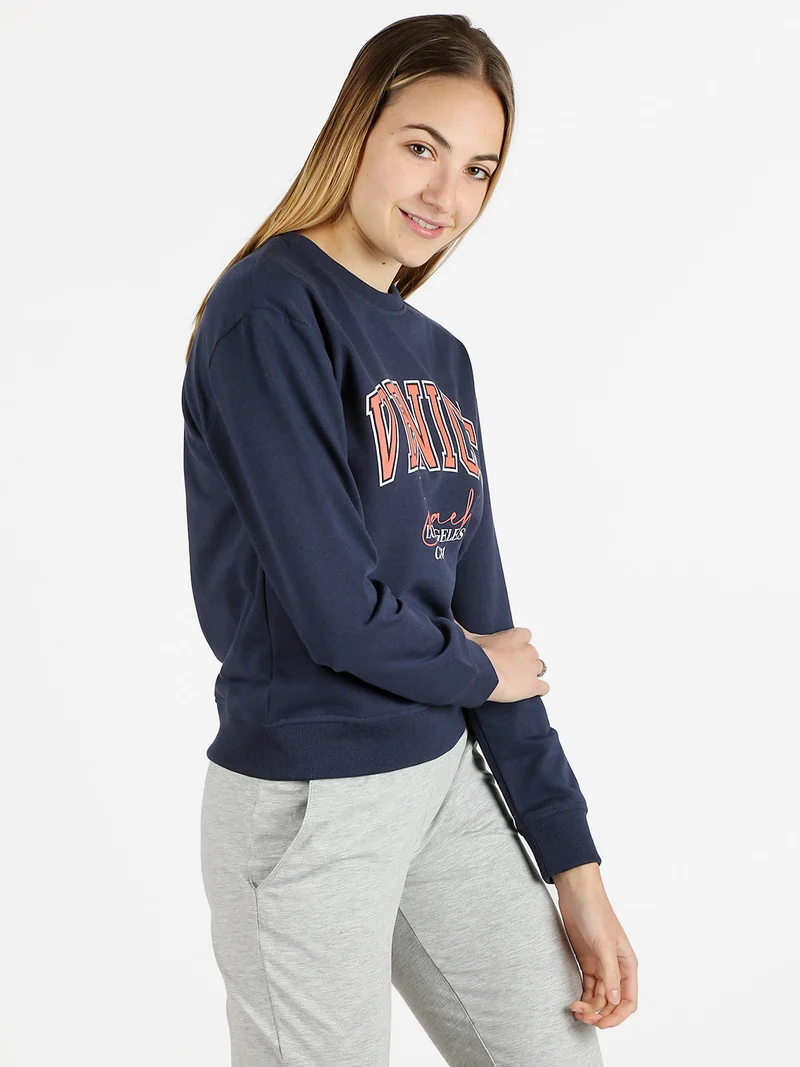 Felpa donna sportiva girocollo con scritta - blu scuro