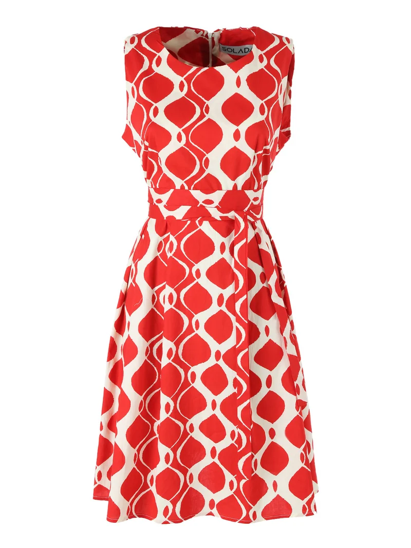 Abito smanicato da donna in cotone con stampa bicolore - rosso