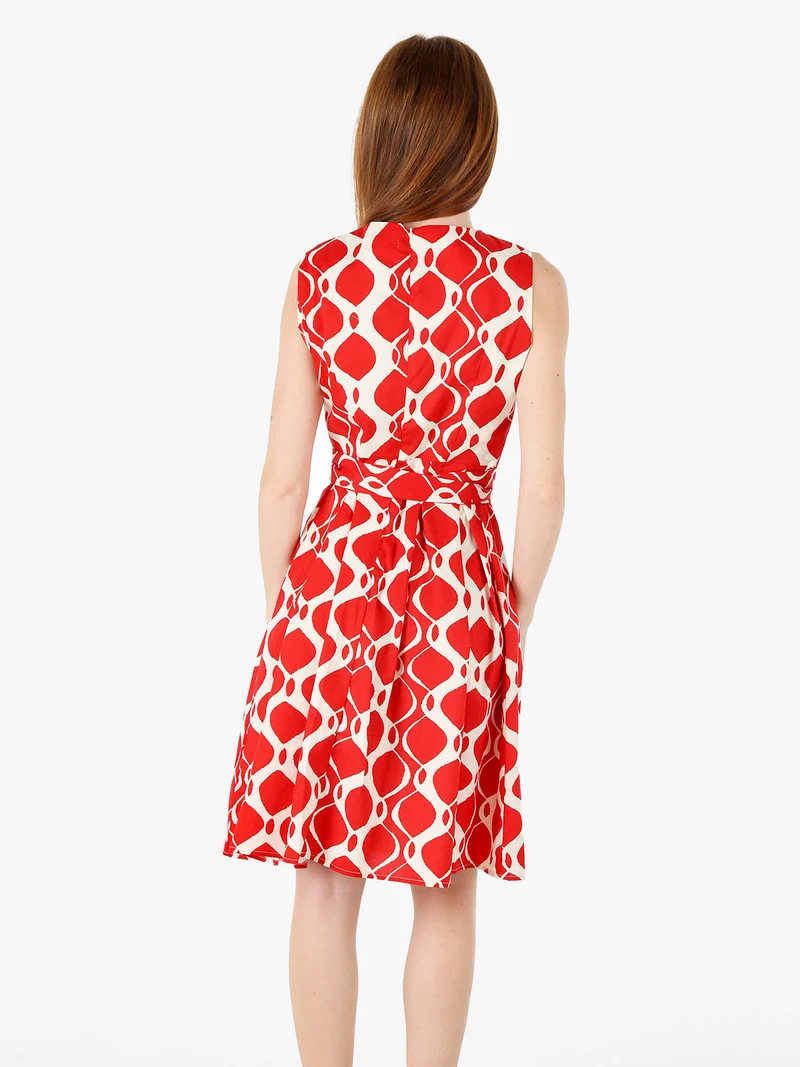 Abito smanicato da donna in cotone con stampa bicolore - rosso