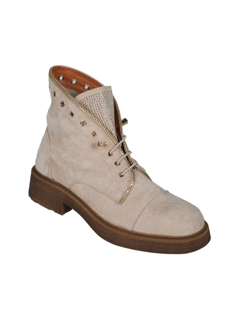 Stivaletti donna in tessuto scamosciato con strass - beige