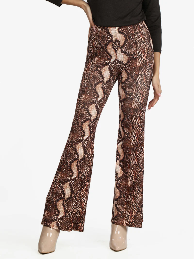 Pantaloni donna pitonati a zampa - marrone