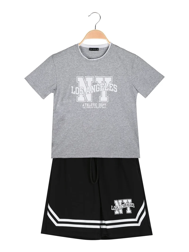 Completo corto da bambino in cotone con t-shirt e bermuda - grigio