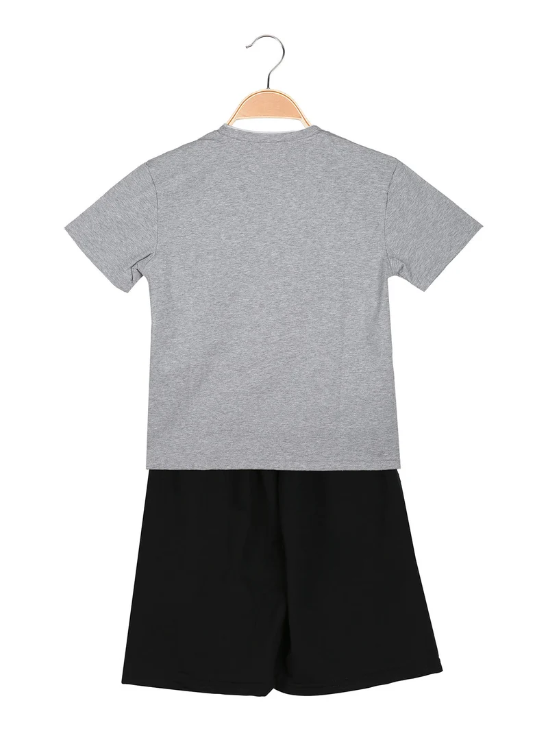 Completo corto da bambino in cotone con t-shirt e bermuda - grigio