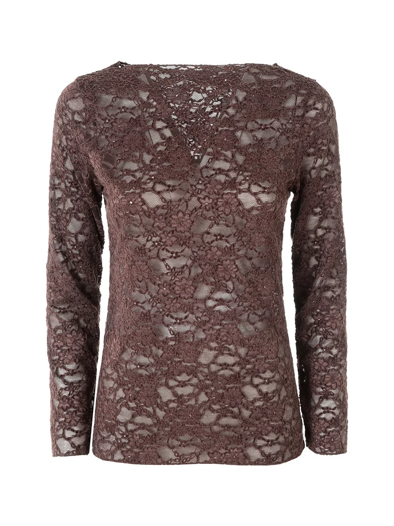 Blusa donna in pizzo con scollo a barchetta - moro