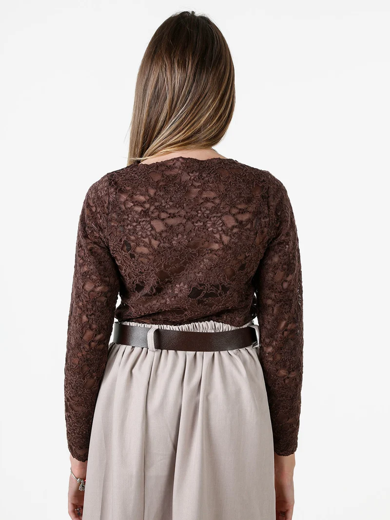 Blusa donna in pizzo con scollo a barchetta - moro