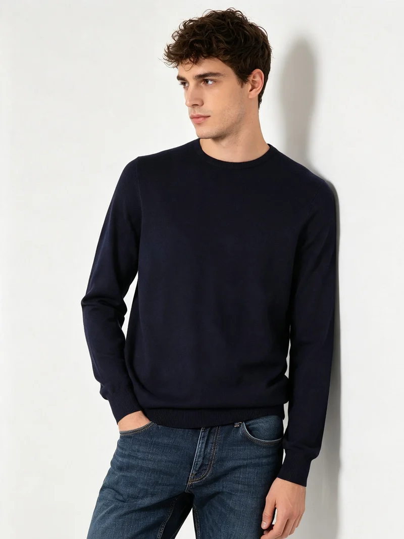 Maglione girocollo da uomo in misto lana - blu scuro
