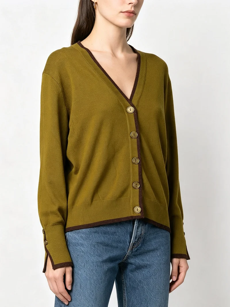 Cardigan donna in maglia con bottoni e dettagli lurex - senape