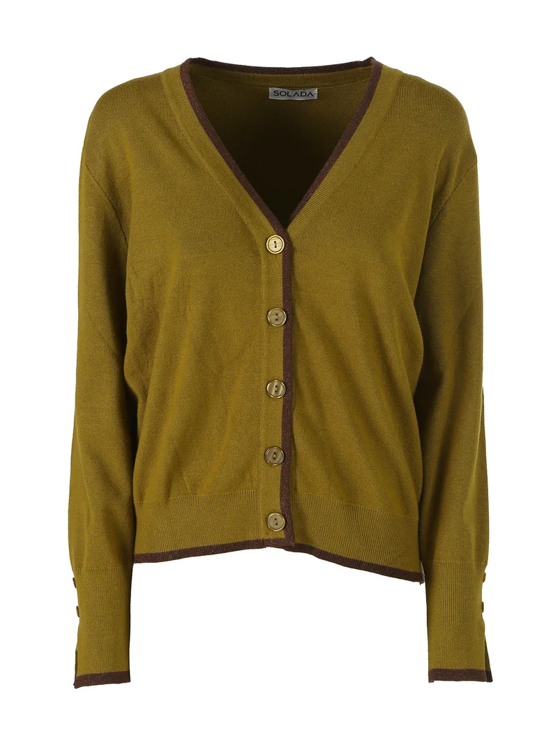 Cardigan donna in maglia con bottoni e dettagli lurex - senape