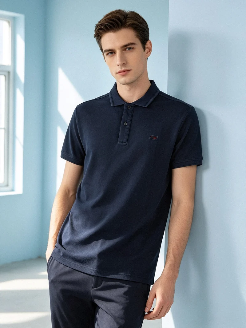 Polo da uomo in cotone a maniche corte con logo - blu scuro