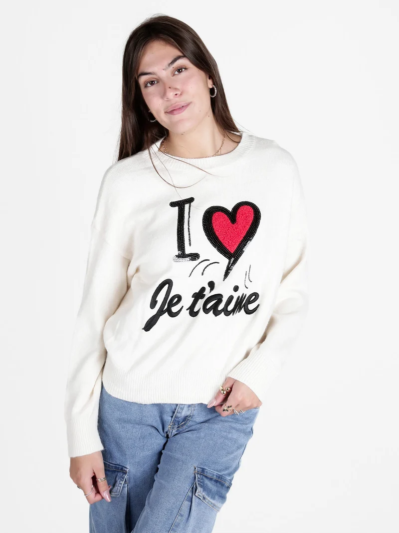 Maglione donna con stampa scritta e cuore - panna
