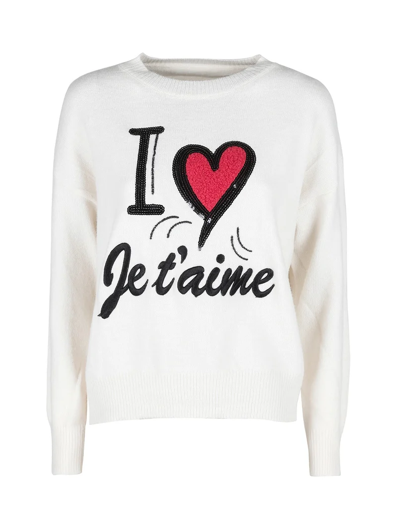 Maglione donna con stampa scritta e cuore - panna