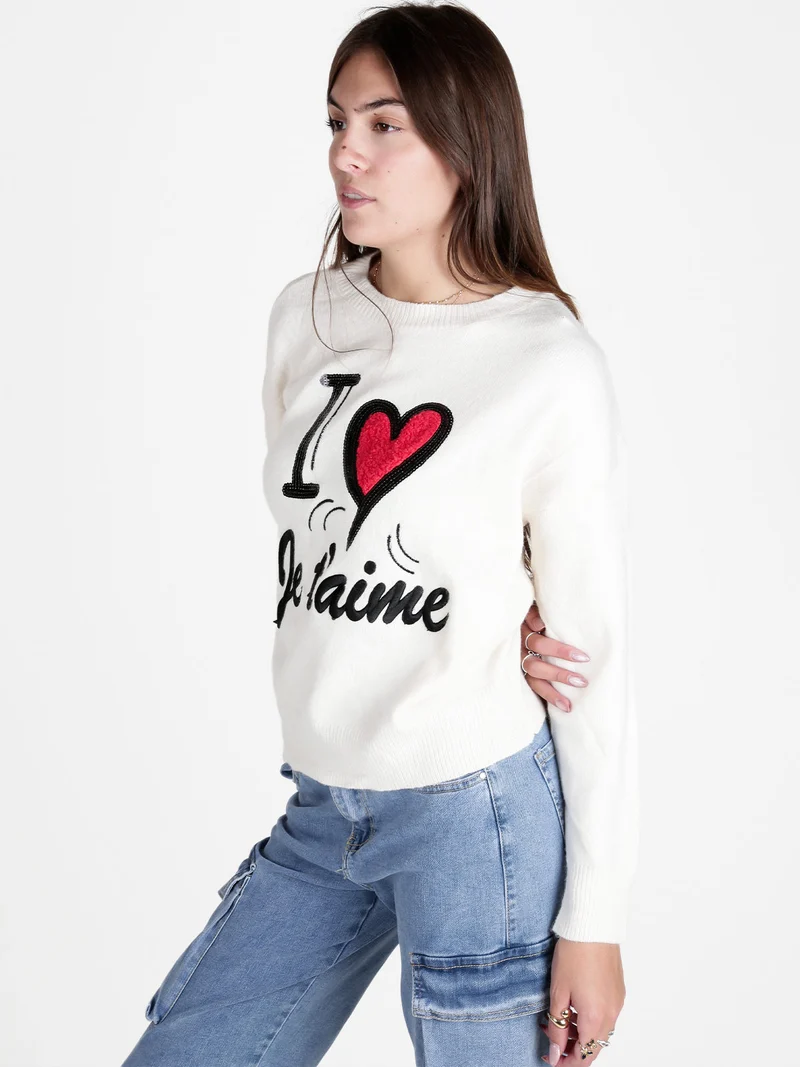 Maglione donna con stampa scritta e cuore - panna
