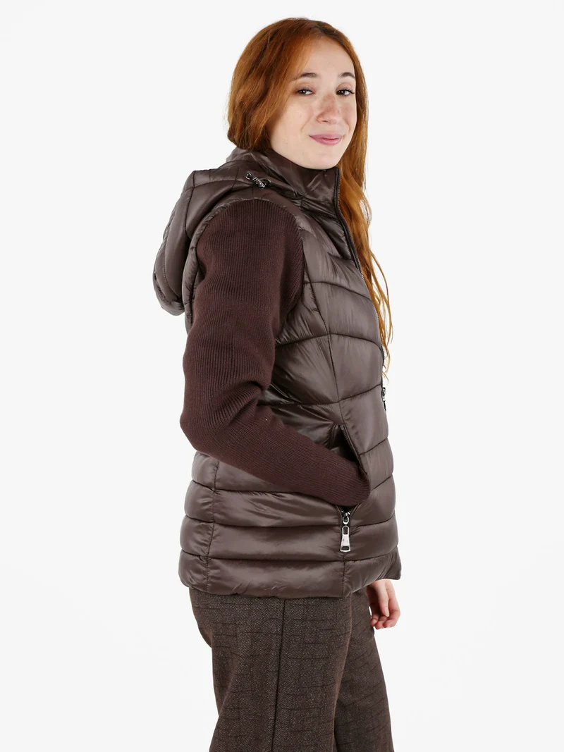 Giubbotto donna imbottito con maniche in maglia e cappuccio - moro