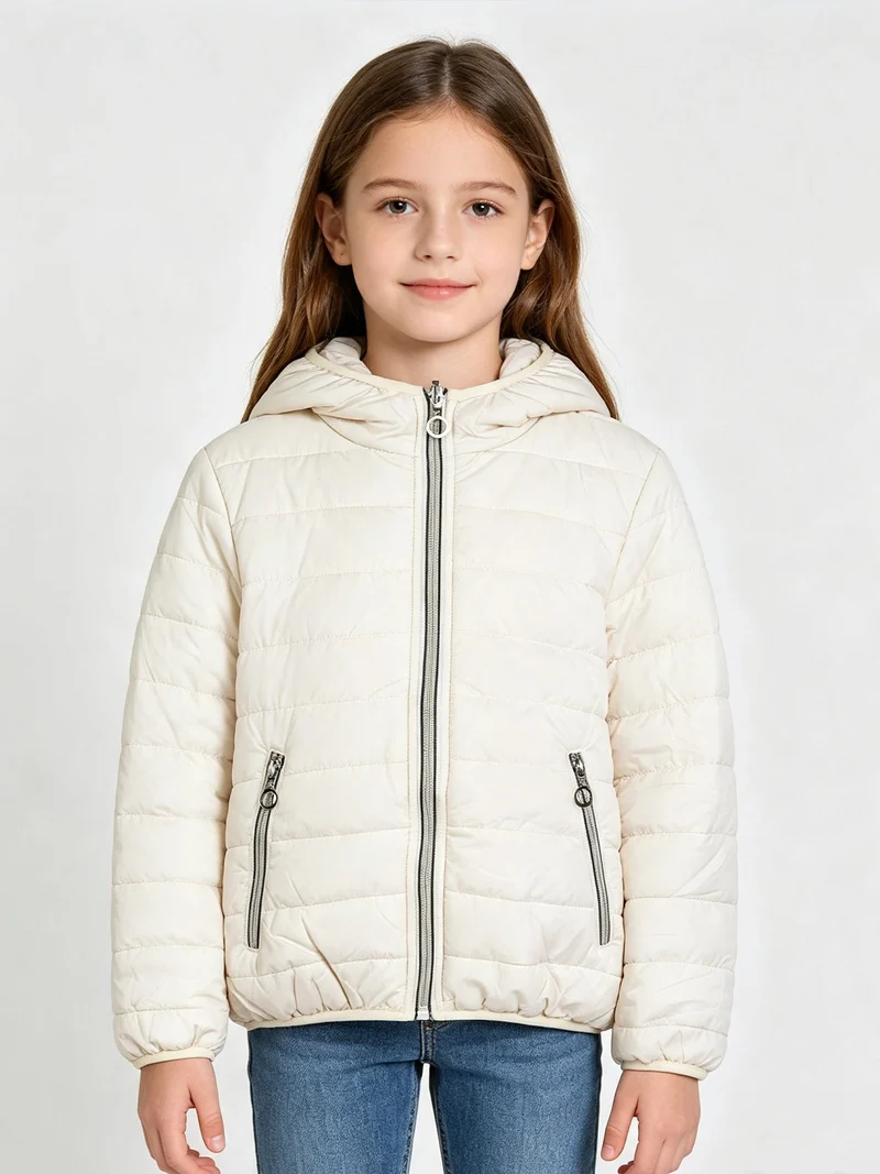 Giubbotto reversibile da bambina con cappuccio e zip - panna
