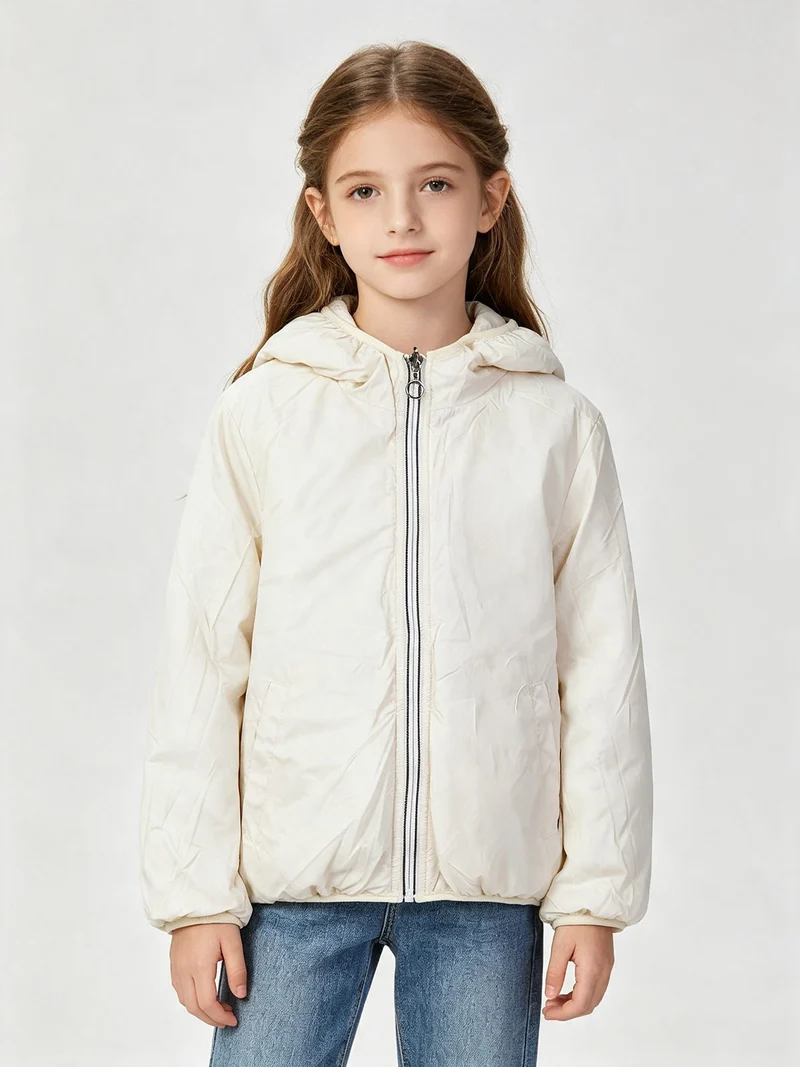 Giubbotto reversibile da bambina con cappuccio e zip - panna