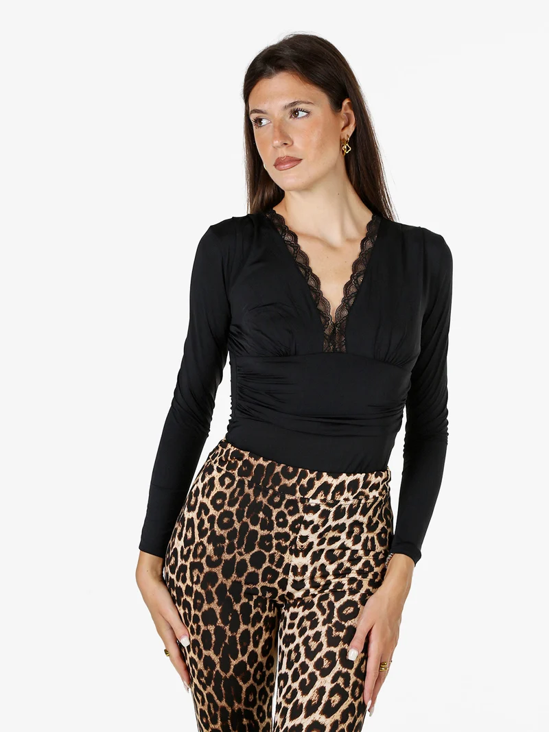 Top body da donna a maniche lunghe con scollo di pizzo - nero