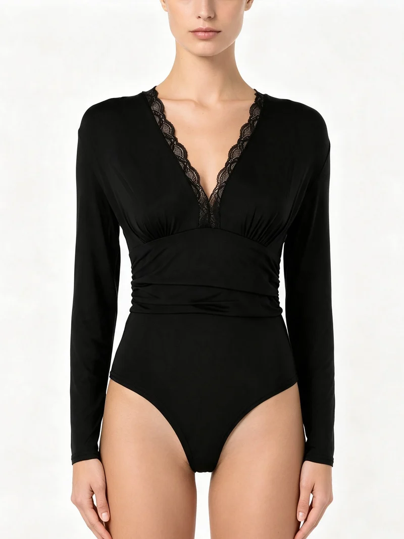 Top body da donna a maniche lunghe con scollo di pizzo - nero