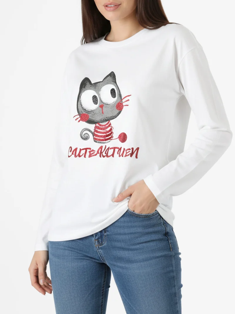 T-shirt a maniche lunghe da donna in cotone con stampa - bianco