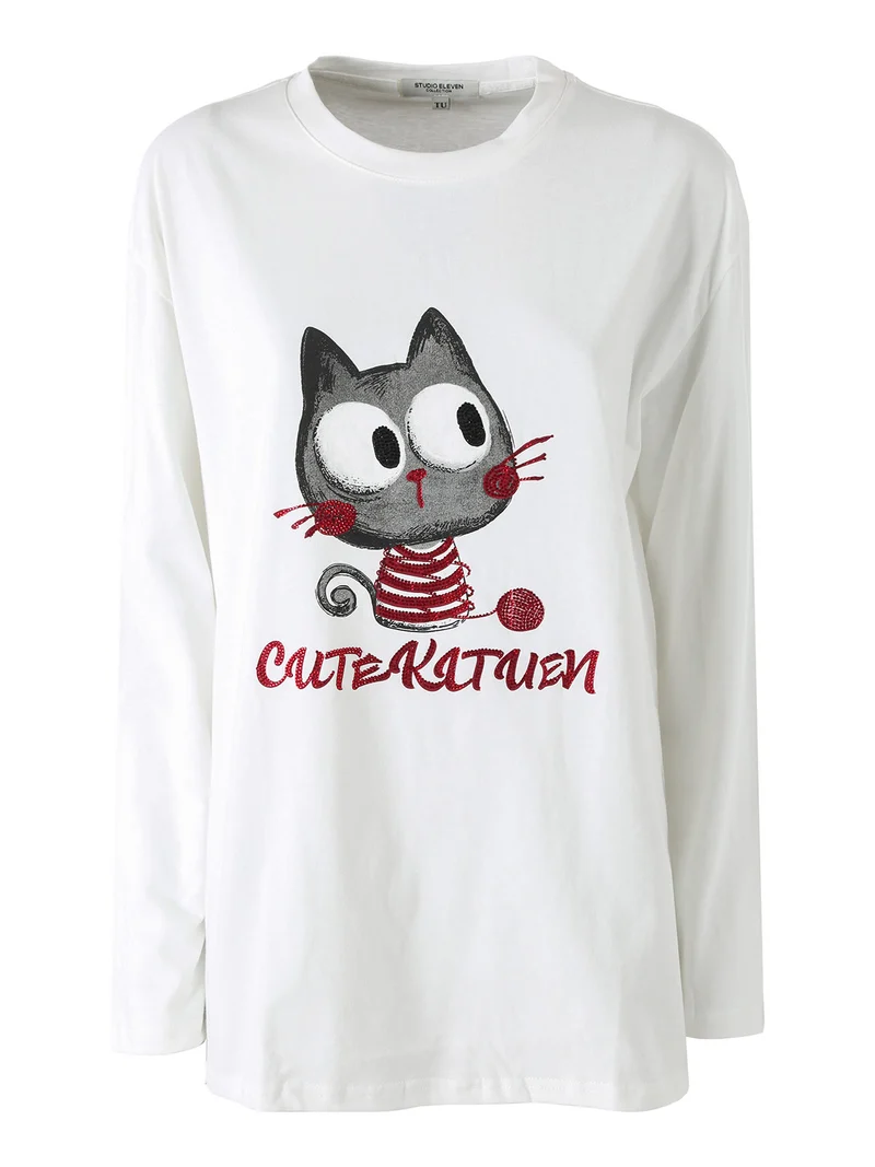 T-shirt a maniche lunghe da donna in cotone con stampa - bianco