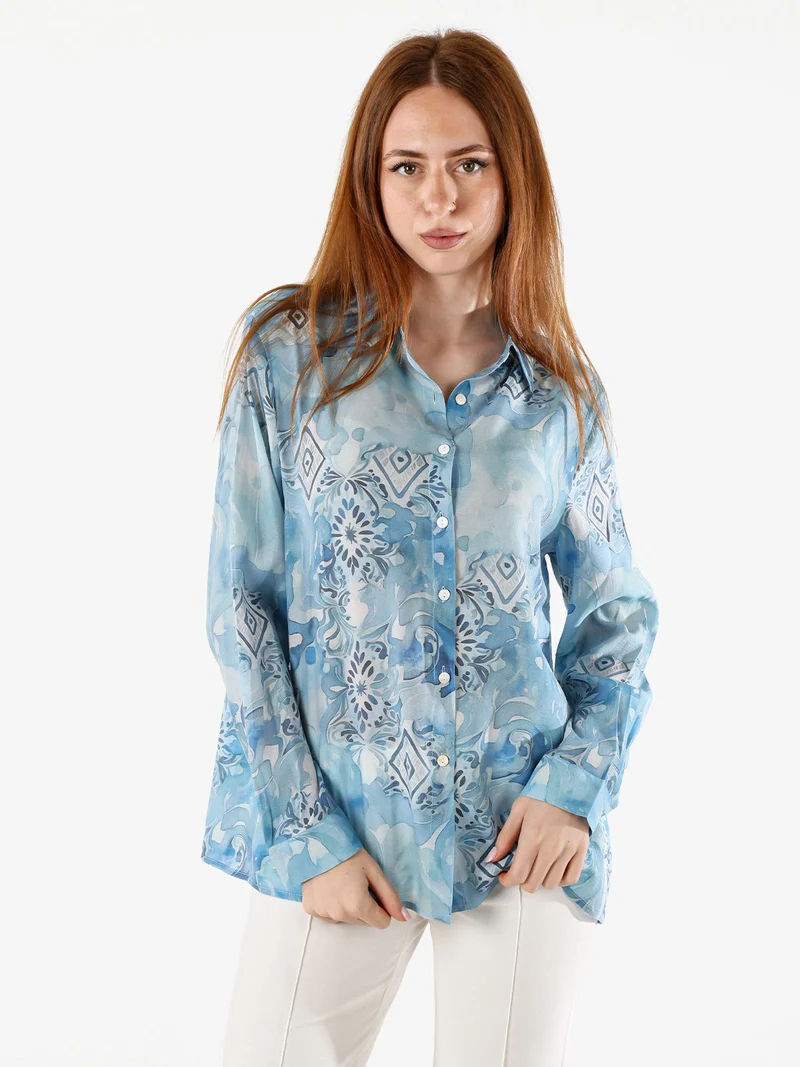 Camicia donna a maniche lunghe con stampe - azzurro
