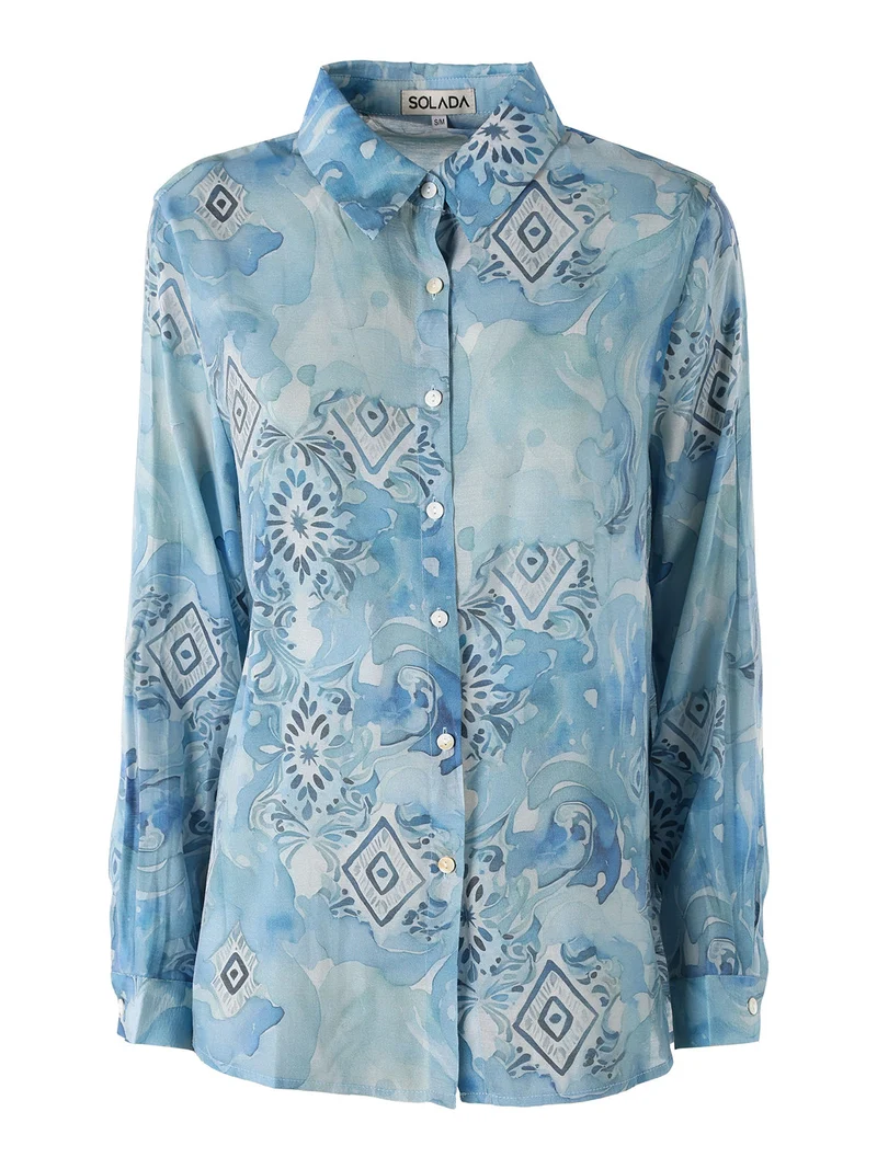Camicia donna a maniche lunghe con stampe - azzurro
