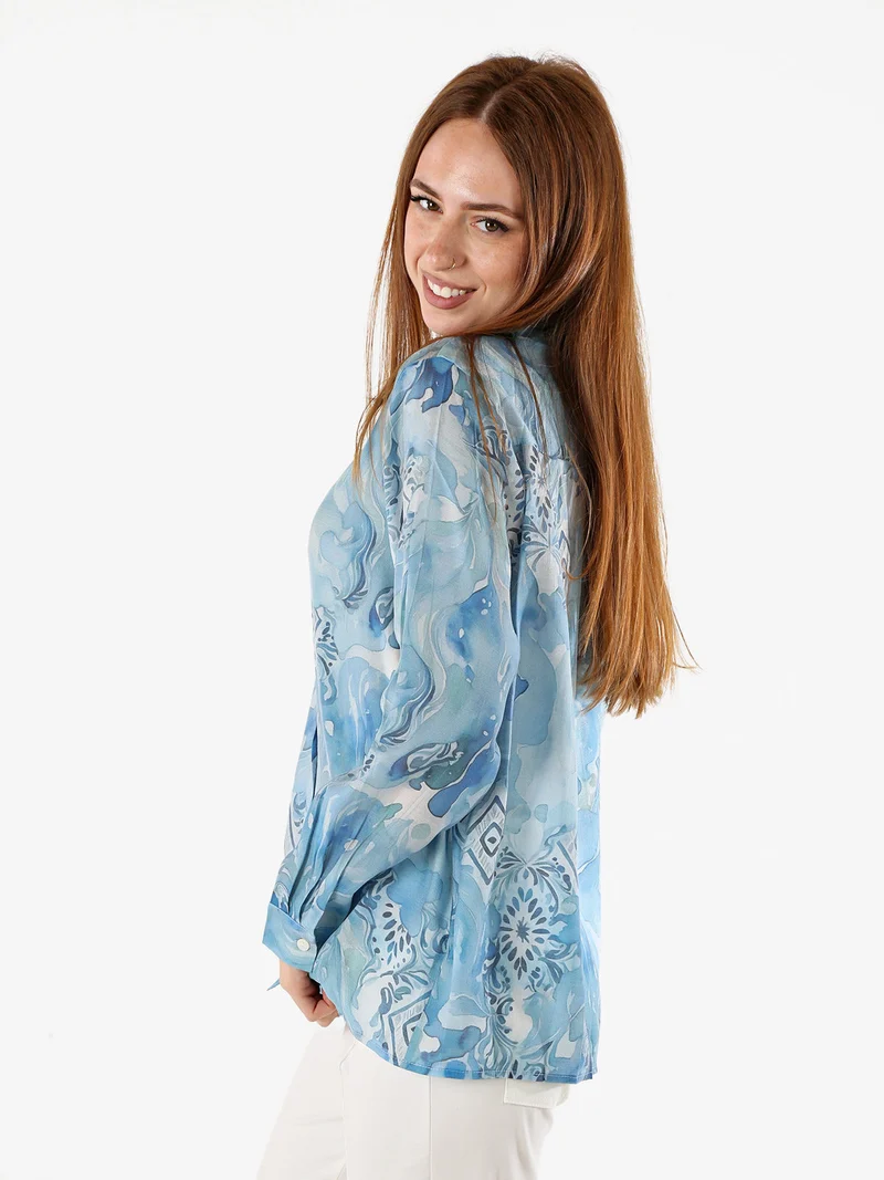 Camicia donna a maniche lunghe con stampe - azzurro