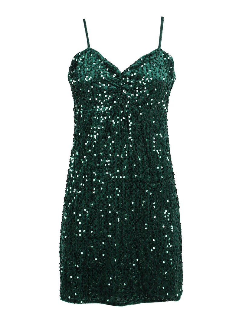 Vestito donna midi in ciniglia con paillettes e spalline sottili - verde
