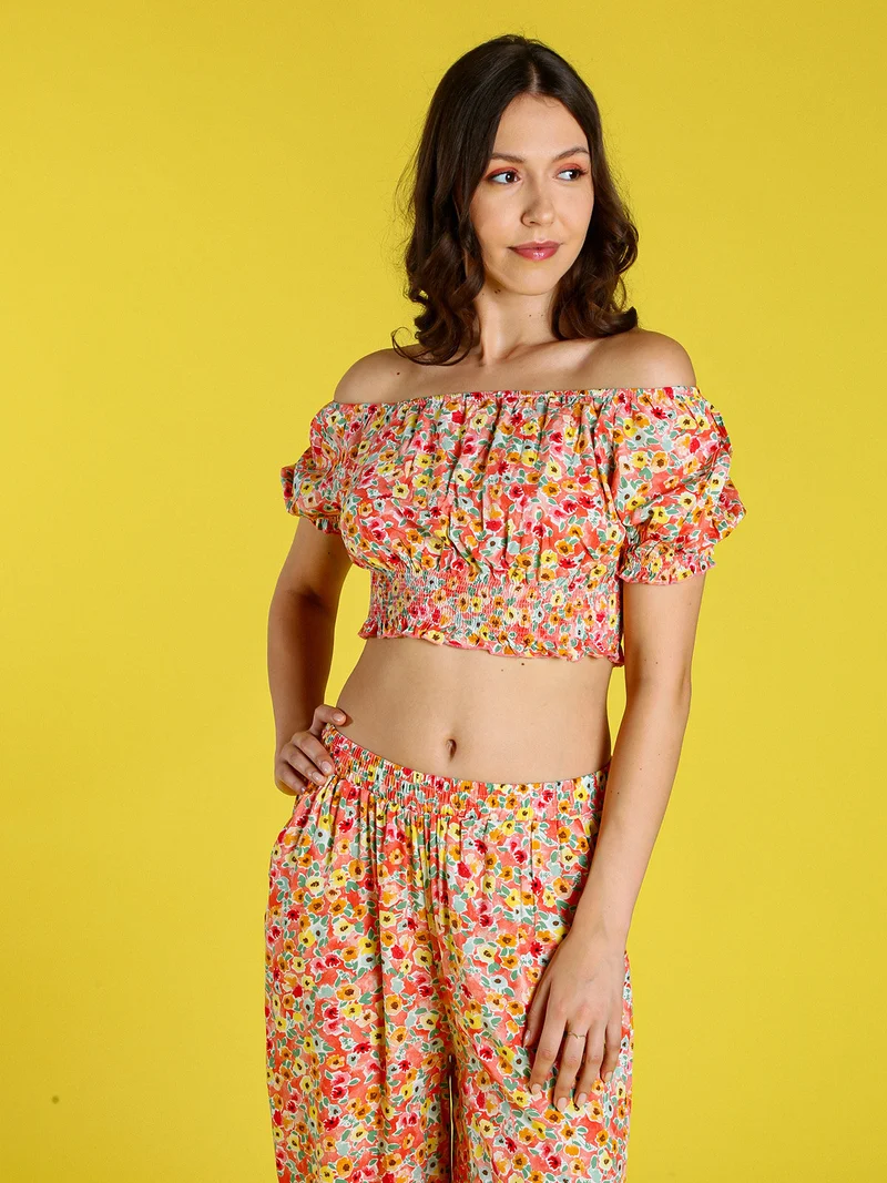 Top donna floreale a maniche corte con scollo elasticizzato - arancione