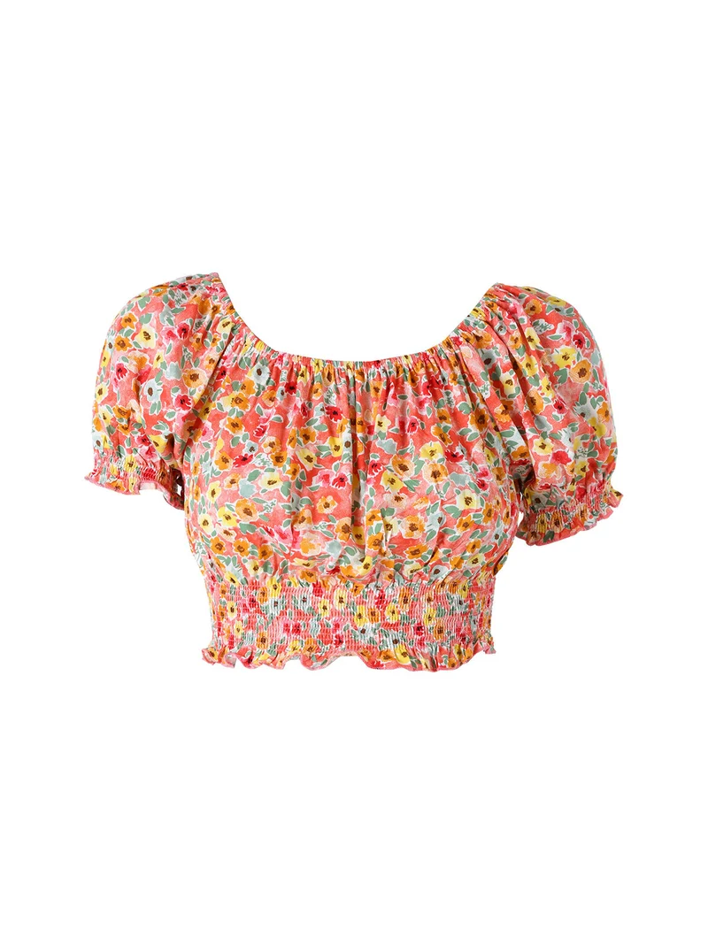Top donna floreale a maniche corte con scollo elasticizzato - arancione