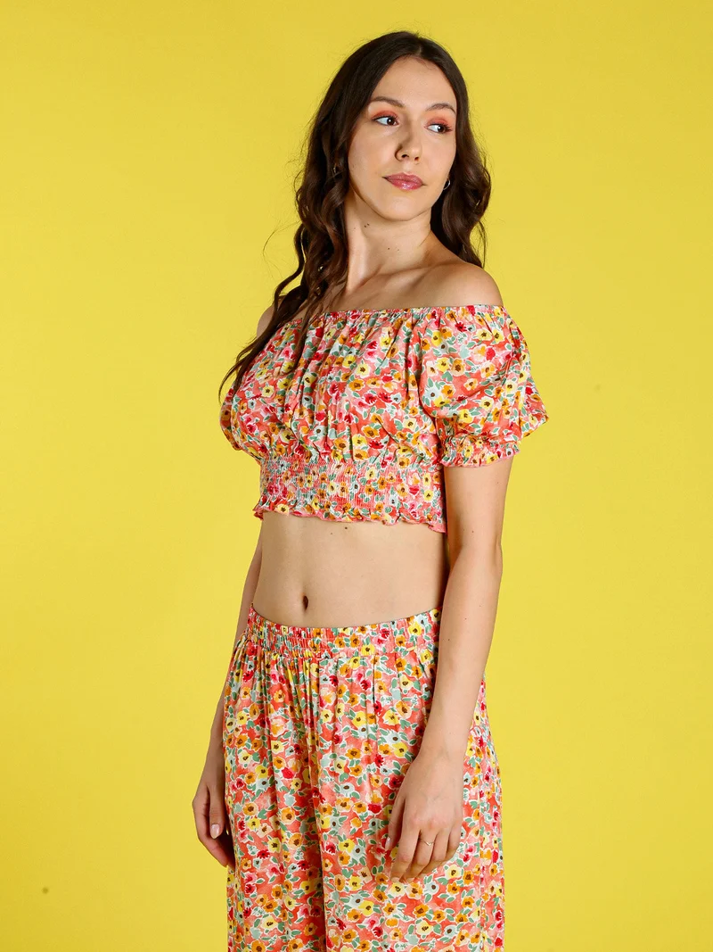 Top donna floreale a maniche corte con scollo elasticizzato - arancione